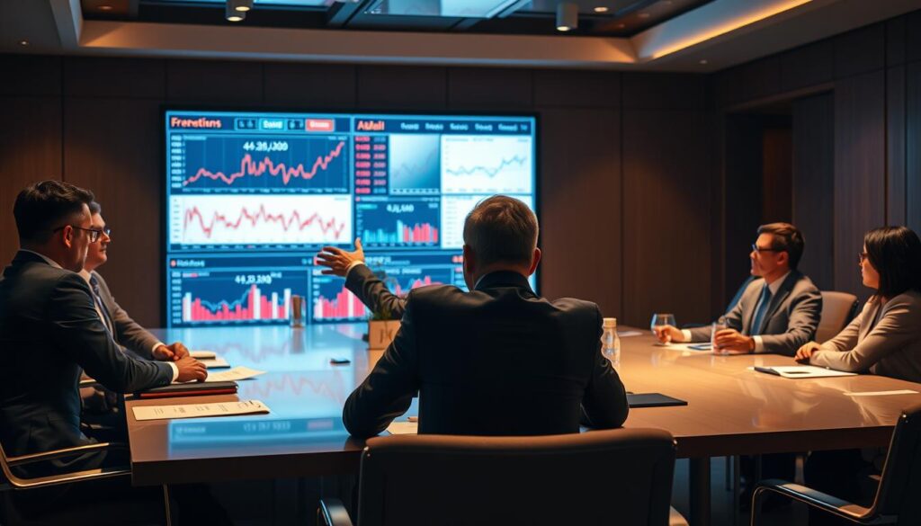 A boardroom table with financial charts and graphs displayed on a large screen, illuminated by warm, directional lighting. Executives in formal attire are intently studying the data, engaged in a lively discussion. The room has a