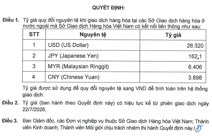 Thông Báo: áp dụng tỷ giá nguyên tệ khi giao dịch hàng hóa tại các Sở Giao dịch hàng hóa